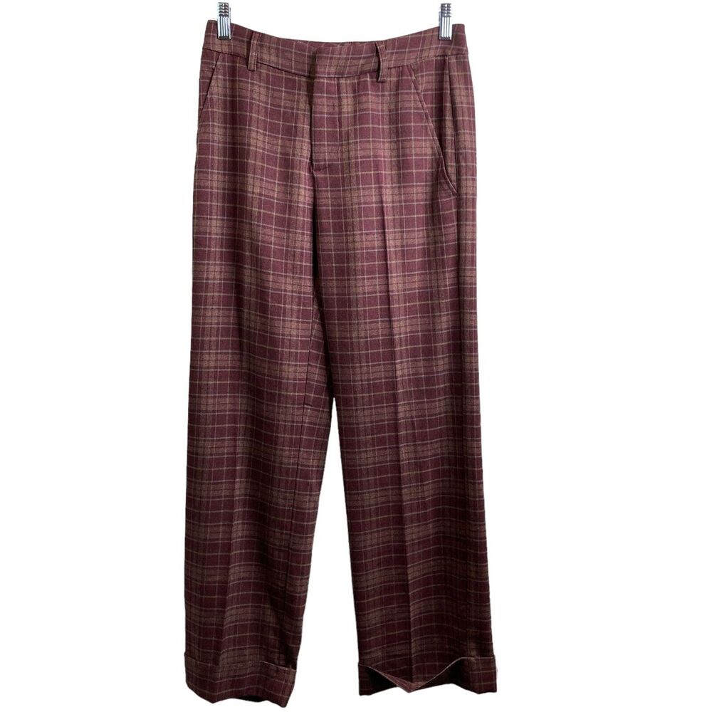 Free People Brown Plaid Wide Leg Trousers Size 2 Preppy Old Money Ivy League